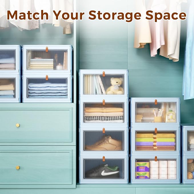 4 Tier Stackable Plastic Storage Bins with Lid and Wheels - 23 QT Closet Organizers and Storage, Foldable Storage Containers, Organization and Storage Boxes for Craft, Home, Pantry, Dorm,Blue