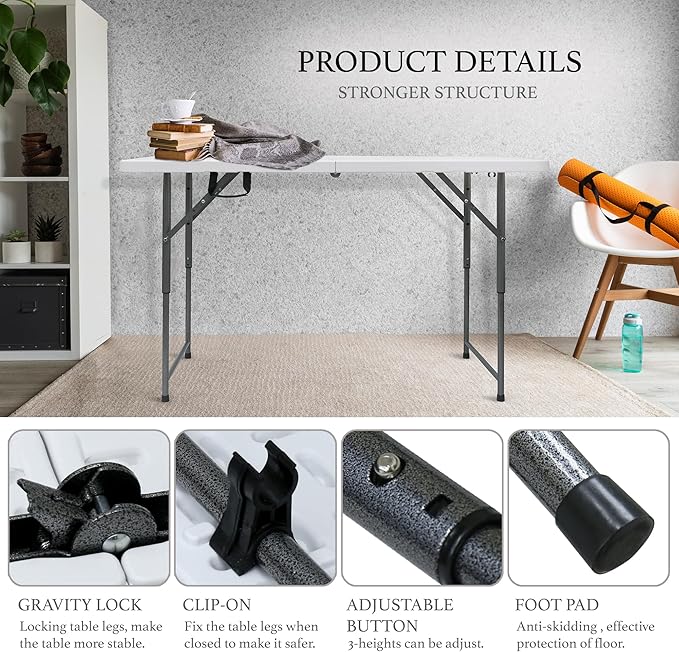 4ft Folding Table,Sturdy Outdoor Folding Table,Perfect for Camping Picnics Parties Durable Foldable Table with Easy Setup Ideal Portable Folding Tables for Indoor & Outdoor Use