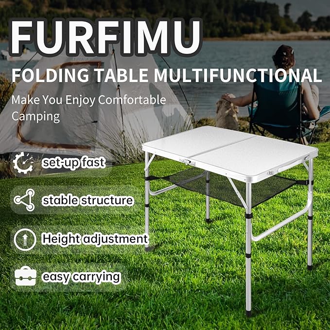 Medium Folding Table,2 Adjustable Height Foldable Table,3Ft Portable Camping Table,Outdoor Folding Table with Net Mesh，Folding Beach Table,White Metal Folding Table for Patio BBQ Backpacking