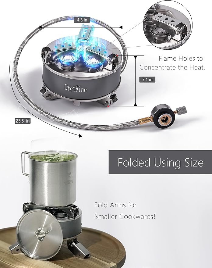 6800W Windproof Camping Stove with Adapters, Foldable Backpacking Triple Burner with Portable Case, Piezo Ignition, Compatible with Propane, Butane, and Isobutane for Hiking, Camp Cooking