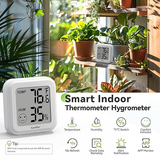 RAINPOINT 3.5'' Large Screen Smart WiFi Thermometer APP Remote Monitoring Data Logging, Easy-to-Read Display Thermo-Hygrometer Chart Customizable Alert Notification Indoor Greenhouse Hub Not Included