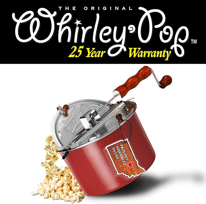 Original Whirley Pop Popcorn Maker - 6 Quart Stovetop Popcorn Popper With Five Popping Kits, Aluminum Popcorn Pot With Nylon Gears, Wabash Valley Farms Stove Top Popcorn Maker, Popcorn Pan (Red)