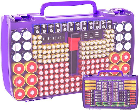 Battery Organizer Storage Holder Box Case with Tester- 269 Batteries Double-Sided Variety Pack, Holds AA AAA 4A C D Cell 9V 3V Lithium LR44 CR2 CR123 CR1632 18650 Button- Purple (Box Only)