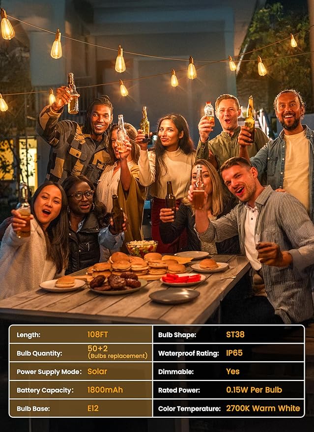 Brightown Solar Lights Outdoor Waterproof 108FT with 50 Shatterproof ST38 LED Bulbs, 2700K Solar Lights Outdoor with Remote, Solar String Lights for Outside, Camping, Yard, Party Decor