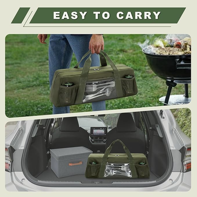 Grill Tool Storage Bag, Outdoor BBQ Utensil Holder for Barbecue Tool up to 20", Large Grill Utensil Storage Caddy with Pockets, BBQ Accessories Case Container for Camping, Bag Only, Green