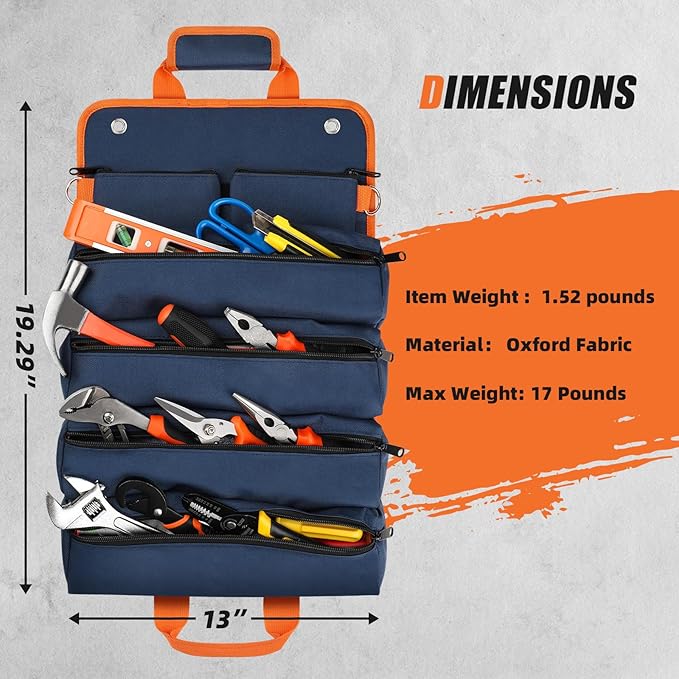 Tool Bag Roll Up, UUP Heavy Duty Rolled Empty Tool Storage Organization, Portable Foldable Rollup Organizer with 2 Small Pouches, Rollable Carrying Toolbag, Dad Men Mechanic Birthday Gift, Blue Orange