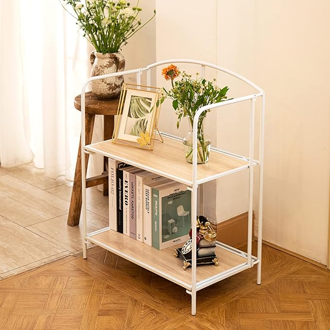 Crofy No Assembly Folding Bookshelf for Living Room, 2 Tier White Collapsible Book Shelf for Home Office, Portable Bookcase Storage Organizer
