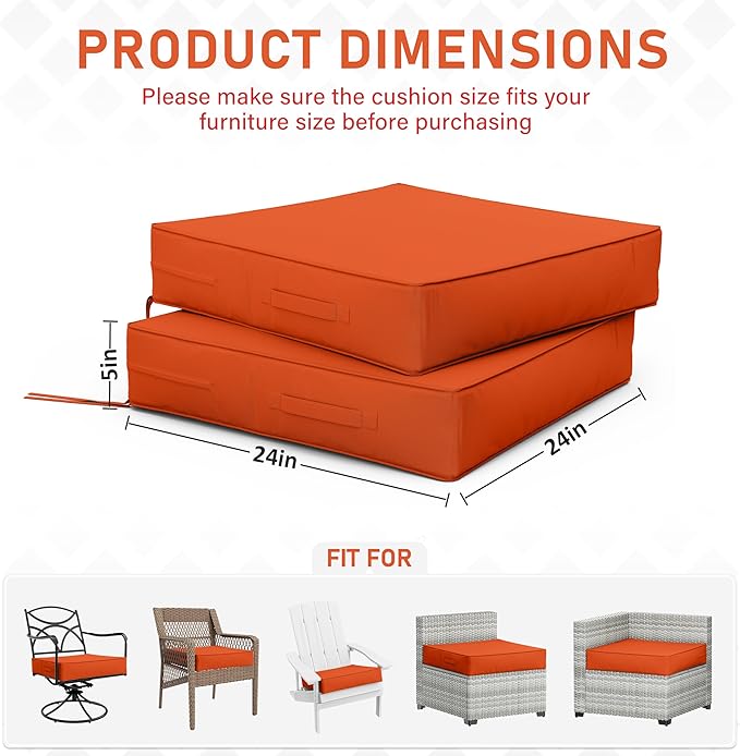 Patio Chair Cushions 24 X 24 X 5 Inch Waterproof Outdoor Seat Cushions for Patio Furniture, Outdoor Sofa Couch Pads with Ties & Handle, Set of 2, Orange