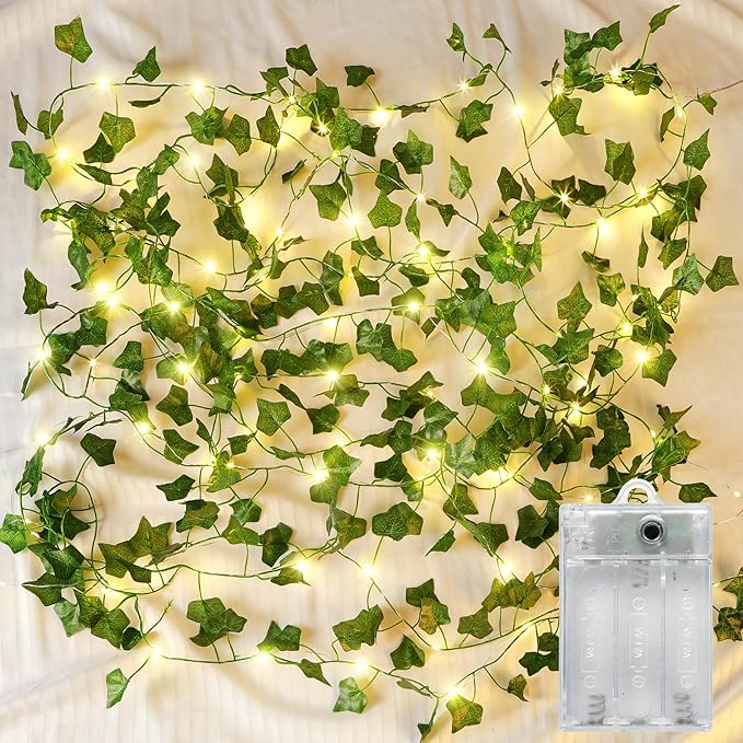 Vine with Fairy Lights for Room Decor, 33ft 100 LED Fake Ivy String Light Battery Operated Ivy Curtain Lights for Dorm, Wedding, Party, Garden, Wall, Patio,Table Decor, Indoor, Outdoor(Warm White)
