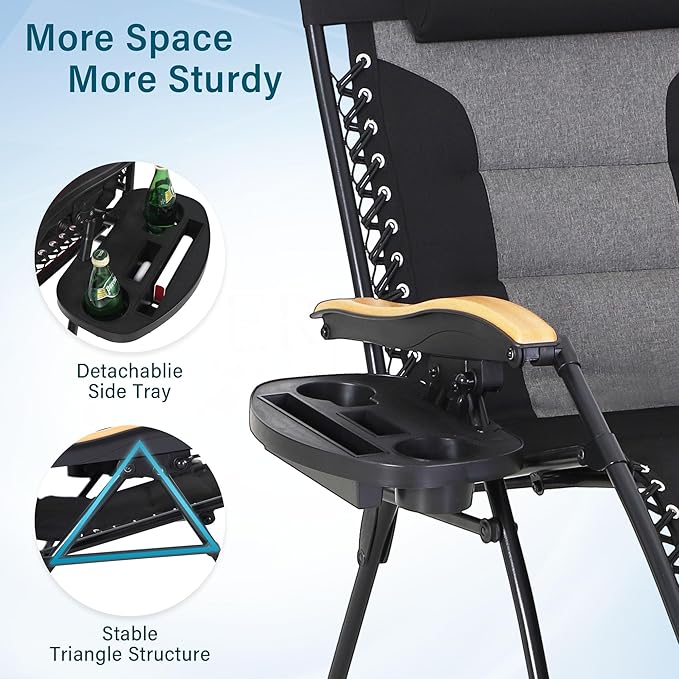 MFSTUDIO Zero Gravity Chairs, Oversized Patio Recliner Chair, Padded Folding Lawn Chair with Cup Holder Tray, Support 400lbs, Black