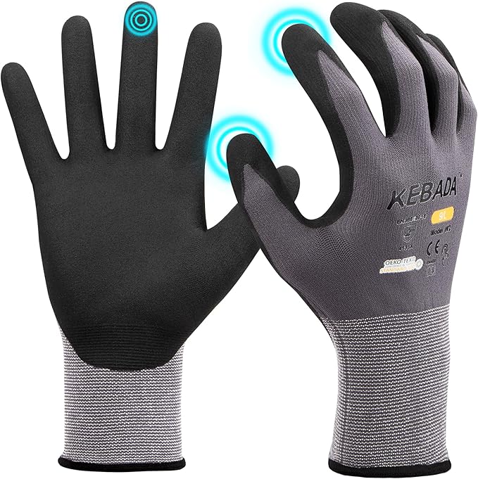 Kebada W2 Safety Work Gloves, Micro-Foam Nitrile Coated Gloves, Touchscreen,Ideal for Package Handling, Gardening, Construction, 1 Pair Small