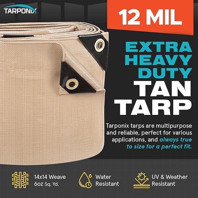 16' x 20' Extra Heavy-Duty Tan Poly Tarp – 12 Mil Thick, Waterproof, UV-Resistant Polyethylene with Reinforced Edges, Double-Stitched Hems, and Rustproof Grommets