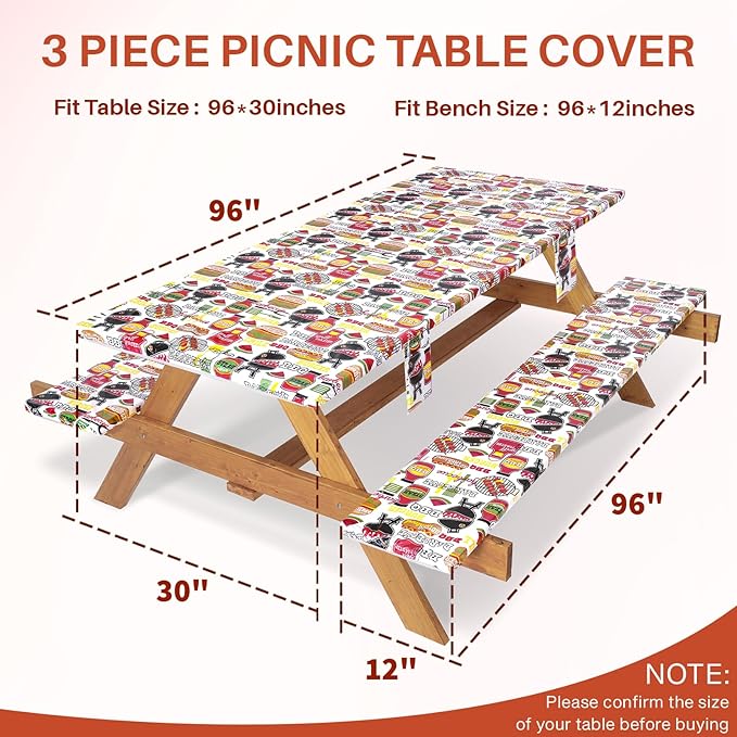 3 Piece Picnic Table Cover with Bench Covers Fitted Camping Table Cloths for 8Ft Tables Camper Travel Trailer Must Haves Motorhome Garden Tools Couple Wife Husband Boyfriend Girlfriend Gift