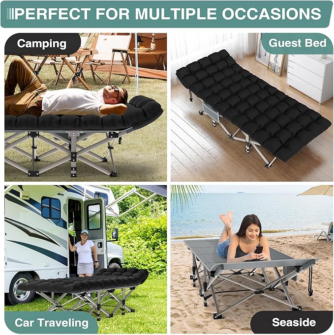 ZENPETIO Camping Cot for Adults, Heavy-Duty Portable Cot Bed with Mattress, Foldable Padded Sleeping Cots for Camping Travel Tent Day Bed Outdoor & Home Guest, Max Load 500 LBS, 75x28x15”