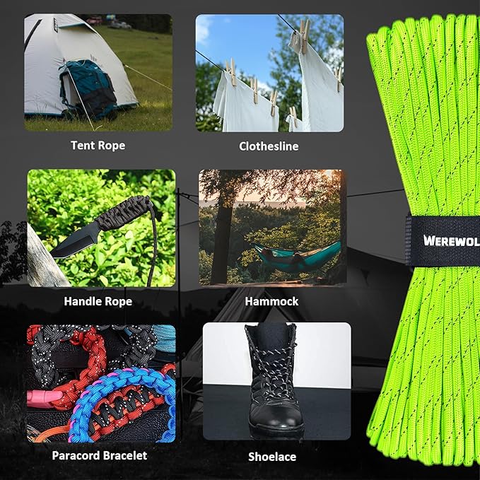 WEREWOLVES Reflective Paracord Rope 7 Strand Type III Parachute Cord 4mm 100ft / 200ft for Tent Camping Hiking Fishing Survival Tactical Clothesline DIY Projects