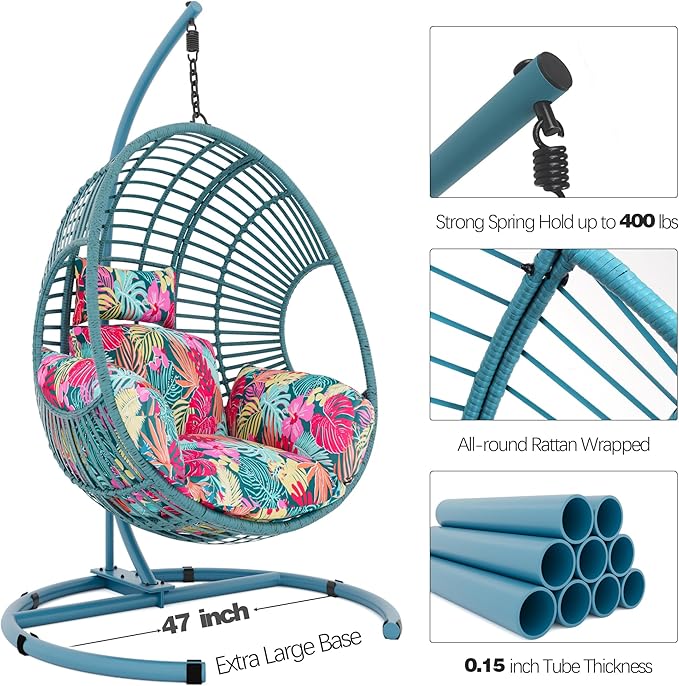 Oversized Hanging Egg Chair Outdoor Indoor, Wicker Swing Egg Chair with Stand 400lbs Capacity for Bedroom, Patio, Garden and Balcony (Hawaii Blue-Regular, Oversize)