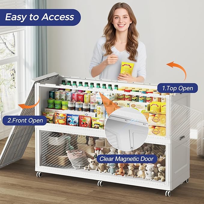 240GAL Extra Large Stackable Storage Bins with Lid, 960QT Plastic Closet Organizer and Storage Cabinet with Wheels and Doors, Folding Storage Box Container for Home Organization, 3Pack White