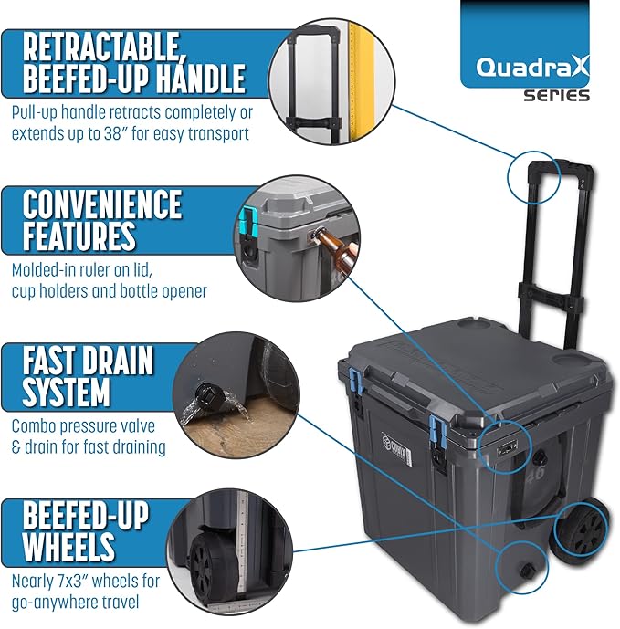 QuadraX 46QT Wheeled Rotomolded Portable Hard Cooler for Camping, Fishing, Beach | Heavy Duty Insulated Ice Chest with Wheels and Handle | Cold Retention 5 Days