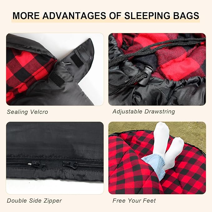 Double Sleeping Bag Flannel for Adults with 2 Pillows 2 Person Sleeping Bags Camping XXL Queen Size Two Person Sleeping Bag for Cold Weather