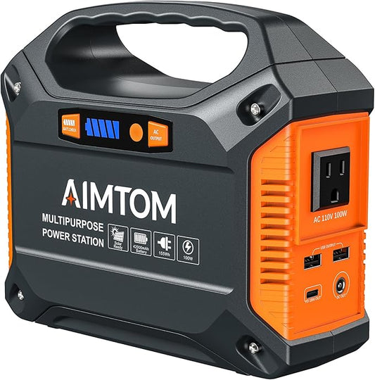 AIMTOM 155Wh Portable Power Station, 42000mAh Lithium Backup Battery with Flashlight, Solar Charging Option – 150W Peak (100W AC), 12V DC, USB & USB-C for Camping, Home, RV, Travel & Digital Nomads