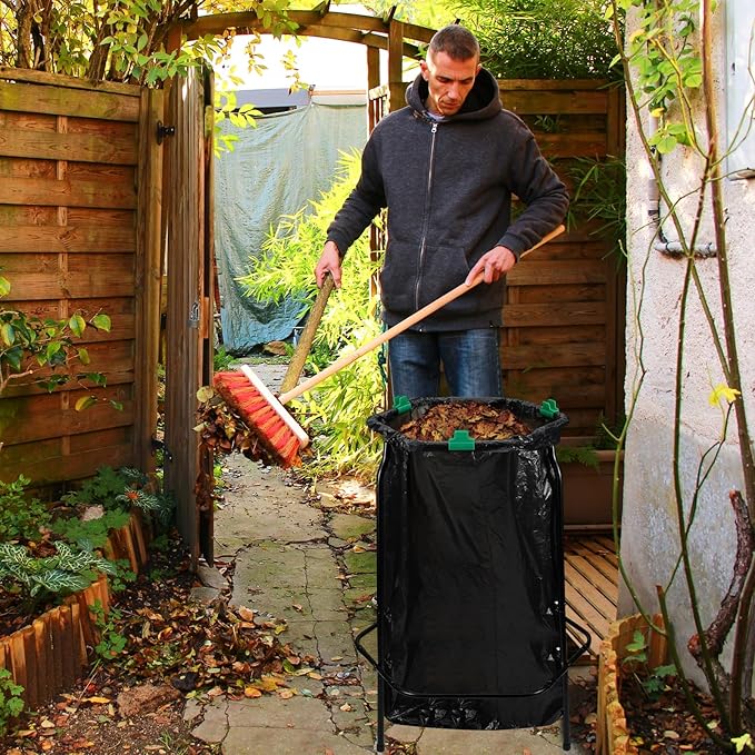 Aobiono Trash Leaf Bag Holder Stand, Garbage Bag Support Frame for 30-55 Gallon Lawn Bags, for Yard Kitchen Garden Outdoor Camping Waste, with Reusable Bag Clips, Heavy Duty (Black)