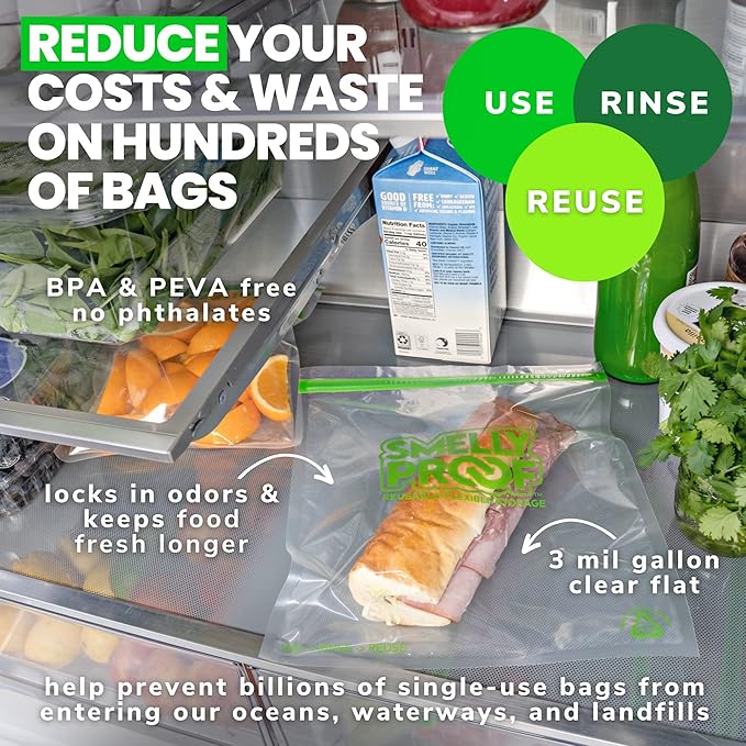 Smelly Proof Reusable Storage Bags for Food Bags - MADE IN USA, Easy Clean, Dishwasher-Safe, BPA FREE, NO PEVA, XL 3-mil Thick Bags, Extra Large Clear FLAT 10.5" x 12" GALLON 10-Pack