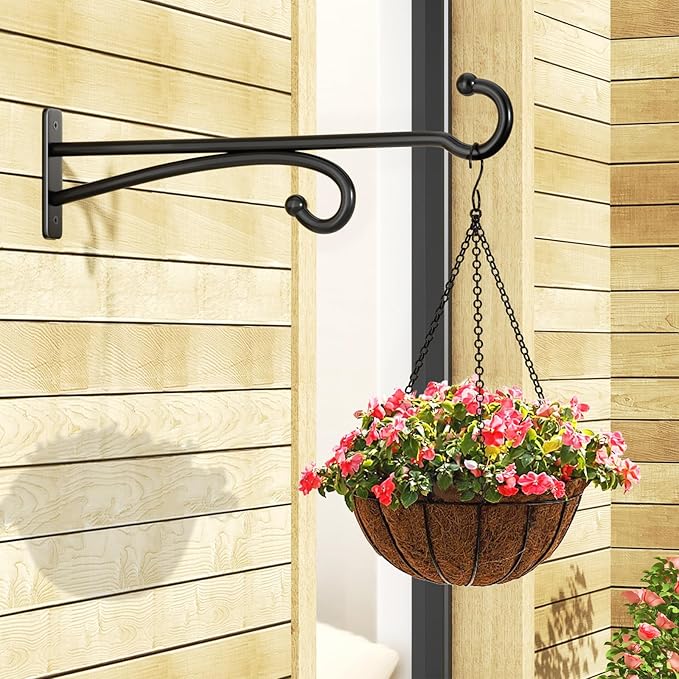 15" Plant Hooks for Hanging Baskets - Heavy Duty Metal Plant Hangers for Indoor & Outdoor Use, Wall Mount Brackets for Hanging Plants, Planters, Bird Feeders, Wind Chimes, Bird Houses - Black, 2 Pack