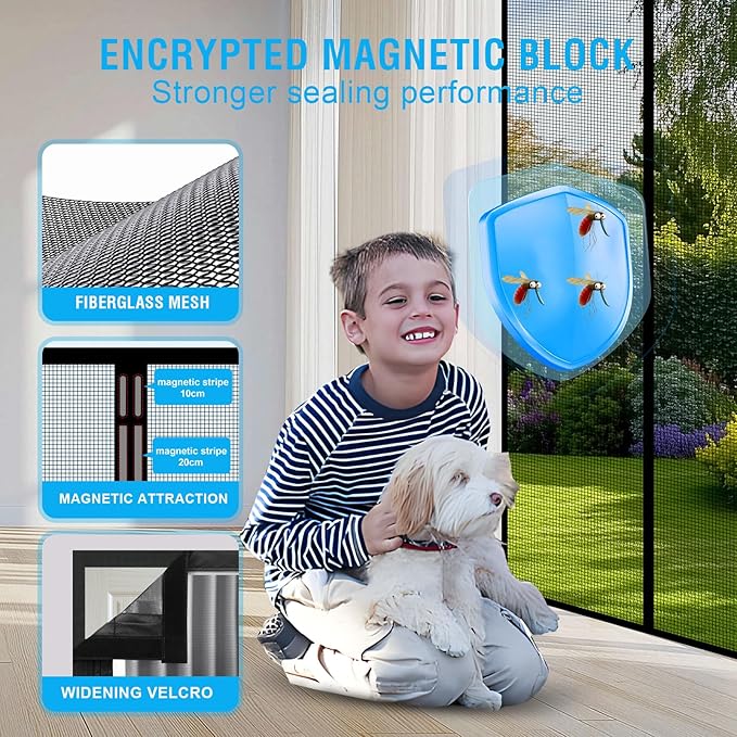 Fiberglass Magnetic Screen Door for 32''x80'' Doors, Screen Size 34"x81" Self-Sealing with Strong Magnets,Anti-Tearing Reinforced Fiberglass Mesh Keeps Bugs Out Perfect for Front,Sliding Doors