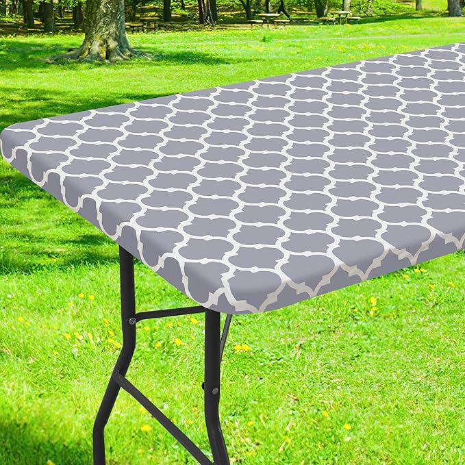 Smiry Rectangle Picnic Table Cover, Waterproof Elastic Fitted Camping Tablecloths for 4 Foot Tables, Wipeable Flannel Backed Vinyl Tablecloth Protector for Indoor, Outdoor (Grey, 24x48 Inches)