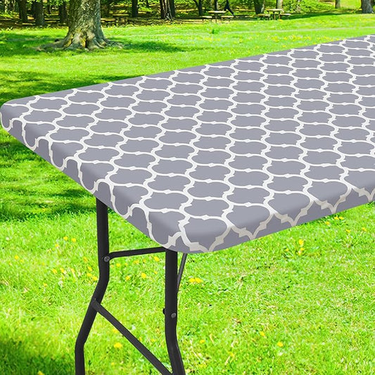 Smiry Rectangle Picnic Table Cover, Waterproof Elastic Fitted Camping Tablecloths for 4 Foot Tables, Wipeable Flannel Backed Vinyl Tablecloth Protector for Indoor, Outdoor (Grey, 30x48 Inches)