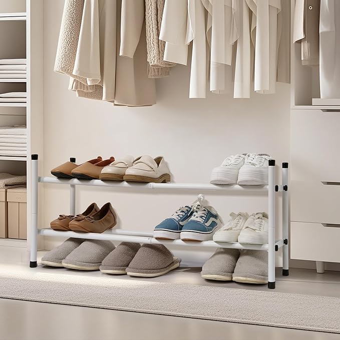 STORAGE MANIAC Expandable Shoe Rack, 4 Pairs Stackable Small Shoe Rack, Metal Adjustable Shoes Organizer for Closet, Entryway, Hallway, Garage, Front Door, Shoes Shelves, White 1 Tier