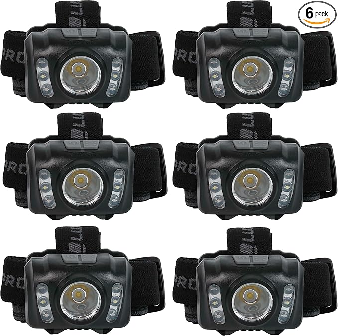 LUXPRO LP345V2 LED Headlamp - Bright 300 Lumen Head Lamp for Outdoors, Camping & Hiking - 6 Light Modes White, Green & Red Light - IPX4 Waterproof - Adjustable Headband - Batteries Included - 6 Pack