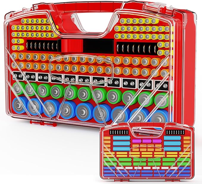 Battery Organizer Storage Holder Box Case with Tester, New Ultra-Large 285+Batteries Double-Sided Variety Pack, Holds AA AAA 4A C D Button Cell 9V 3V Lithium18650 CR2 CR123 CR1632 LR44 (Red)
