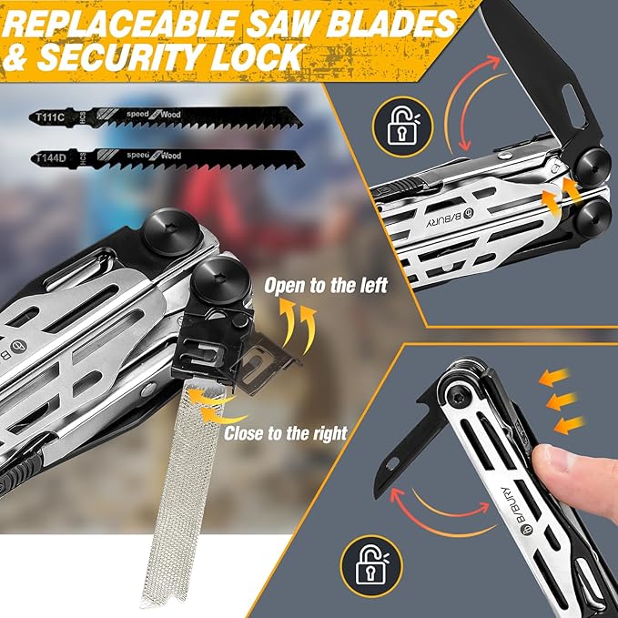 BIBURY Multitool Pliers Pro BI2045, Stainless Steel 31-in-1 Multi Tool Pliers with Replaceable Wire Cutters and Saw,Foldable Multitools with Scissors and Screwdriver, Ideal for Camping,Survival,Repair