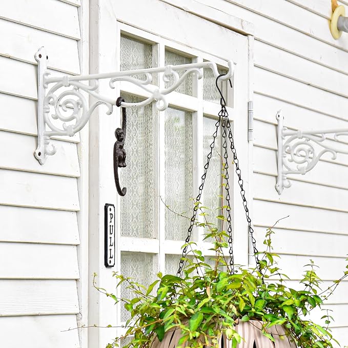 Sungmor Cast Iron Hanging Plant Bracket, 16.5" Large Outdoor Wall Plant Hangers, 2pcs White Heavy Duty Hanging Basket Hooks, Decorative Hooks for Flower Pot, Lantern, Wind Chime, Hummingbird Feeder