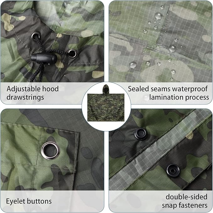 GRVCN Military Rain Poncho, Camouflage Raincoat Outdoor Waterproof Lightweight
