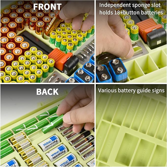 Battery Organizer Storage Holder Box Case with Tester- 269 Batteries Double-Sided Variety Pack, Holds AA AAA 4A C D Cell 9V 3V Lithium LR44 CR2 CR123 CR1632 18650 Button- Green (Box Only)