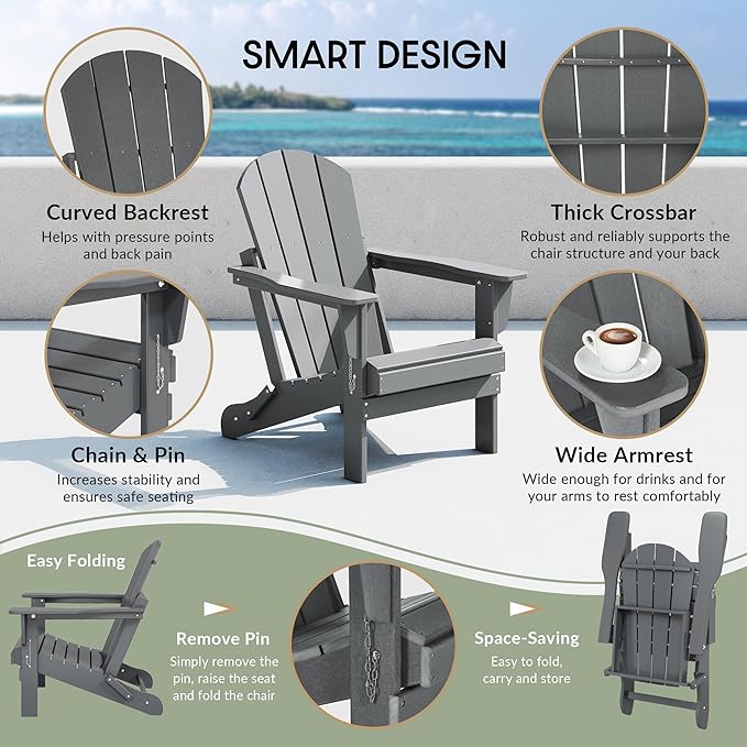 WestinTrends Malibu 4-Piece Set Outdoor Folding Poly Adirondack Chair, Gray