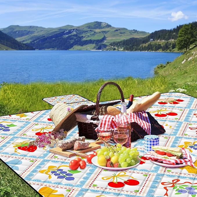 Extra Large Picnic Blanket Waterproof,80"x 80"Foldable Machine Washable Beach Blanket,Outdoor Blanket for 6-8 Adults,Suitable for Indoor Crawling,Park Beach,Camping,Hiking,Family Travel(Fruit)