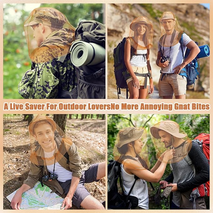 HESTYA 4 Pack Mosquito Head Net Face Mesh Protecting Net for Outdoor Hiking Camping Climbing Mosquito Fly Insects Preventing(Khaki)