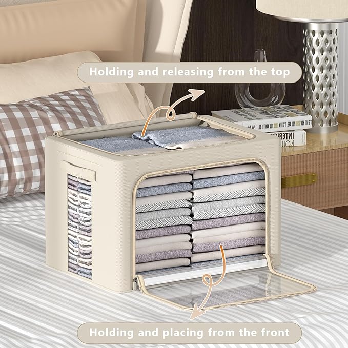 3Pack Frame Storage Box - Clothes Storage Bin Bags Oxford Fabric Foldable Stackable Container Organizer Set with Clear Window & Carry Handles Large Capacity (Beige, Extra Large-100L)