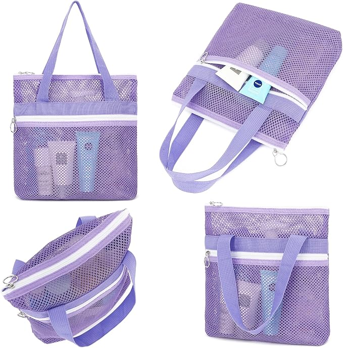 Mesh Shower Caddy Portable with Zipper & 2 Pockets - Quick Dry Shower Caddy Hanging for Travel Gym Camp Beach - Organizer Bag Bathroom Essentials for College Dorm
