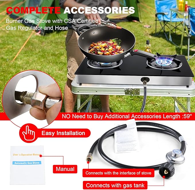 forimo Propane Gas Cooktop 2 Burners Gas Stove portable gas stove Tempered Glass Double Burners Stove Auto Ignition Camping Double Burner LPG for RV,Apartments,Outdoor