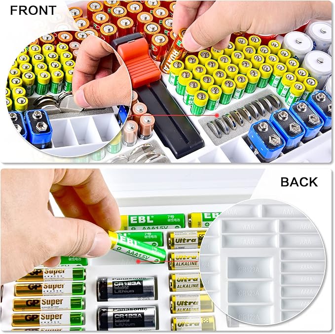 Battery Organizer Storage Case with Double-Sided, Garage Box with Tester Checker Batteries Container for 269pcs AA AAA AAAA 3A 4A 9V C D Lithium 4LR44 CR2 CR123A CR1632 CR2032 18650(Case Only)-White