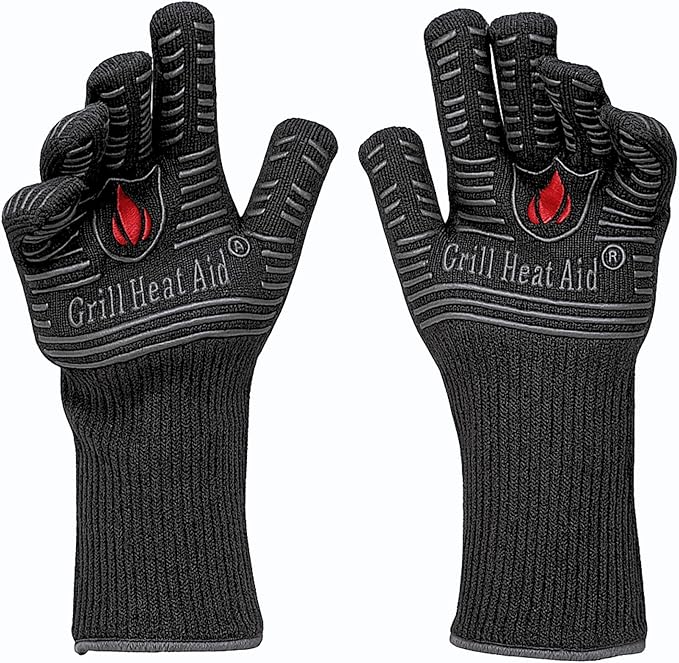 GRILL HEAT AID BBQ Grill Gloves Heat Proof for Grilling – Fireproof 1472°F Heat-Resistant Grill Mitts for Outdoor Barbecue and Smoker, Campfire, Fire Pit, Oven Glove with Fingers for Baking Pizza