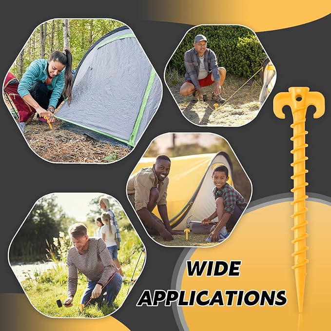 AUGSUN 8 Pack Plastic Tent Stakes Heavy Duty, Yellow Sand Stakes for Beach 7.5 Inch Screw in Tent Stakes Spiral Ground Anchors Tent Pegs Canopy Stakes for Inflatables Outdoor Camping Hiking Garden