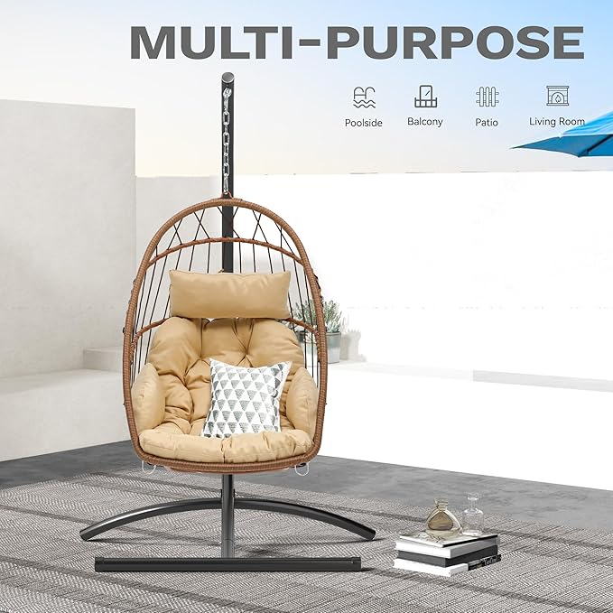 DWVO Egg Chair with Stand, Hanging Outdoor Rattan Wicker Patio Hammock Indoor Egg Chair with Cushion, Hanging Swing Chair 300lbs for Porch, Garden, Bedroom, Balcony, Beige