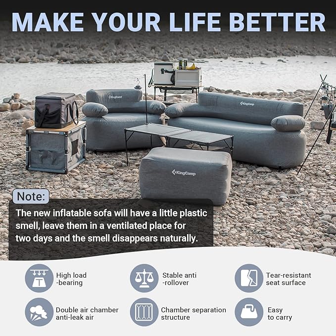 KingCamp Double Inflatable Couch for Camping, Portable Foldable Eco-Friendly Reach-Certified PVC Liner Air Lounger 2-Person Blow Up Sofa with Foot Pump, Pegs, Repair Kit & Removable Cover