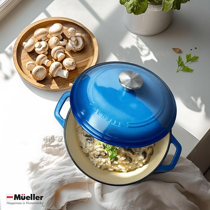 MÜELLERHOME 4.5 QT Enameled Cast Iron Dutch Oven, Heavy-Duty Casserole Dish and Braiser Pan with Lid and Stainless Knob, Oven-Safe up to 500° F & Across All Cooktops, Aqua Blue