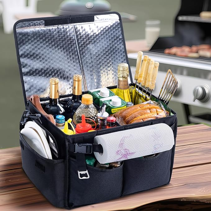 Large Grill Caddy with Lid – BBQ Organizer for Camping, Tailgating, RV, Boating – Grilling Gifts for Men – Collapsible Griddle Tote Bag with Shoulder Strap – Outdoor Essentials